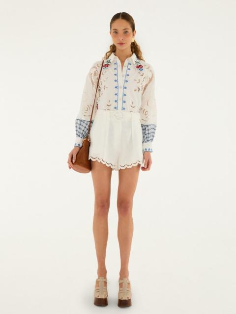 FARM RIO Off-White Richelieu Euroflax Premium Linen Shorts