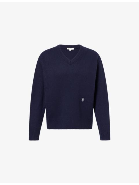 Sporty & Rich V-Neck Embroidered-Logo Cashmere-And-Wool Jumper