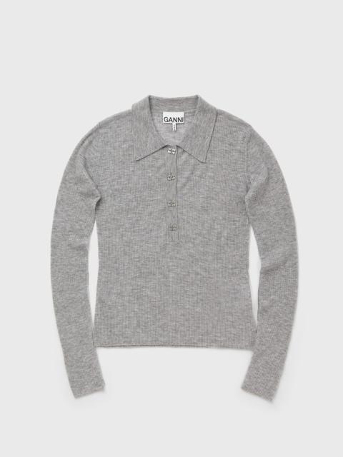 GANNI Sheer Wool Ribbed Polo