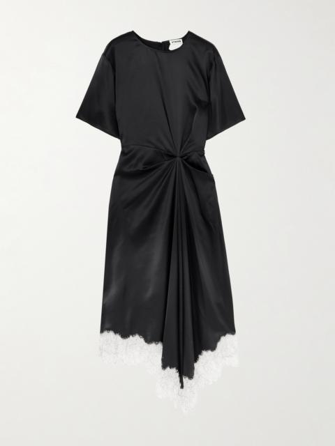 STAUD Sonoma Asymmetric Gathered Lace-trimmed Silk-blend Satin Midi Dress