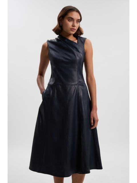 KAREN MILLEN Leather Asymmetric Neck Full Skirt Midi Dress