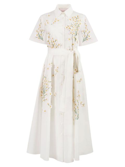 CAROLINA HERRERA Embroidered Floral Short Sleeve Belt Shirt Dress