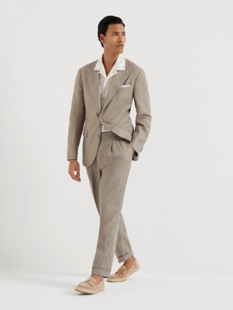 Brunello Cucinelli Linen micro chevron Leisure suit: peak lapel jacket with metal buttons and double-pleated trousers