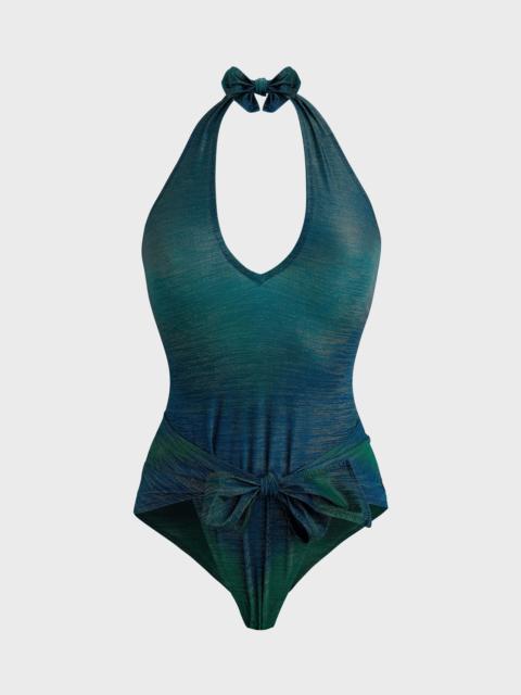Women Low cut to tie One-piece Swimsuit Rainbow