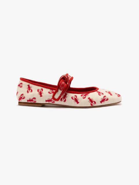 Larroudé Verona Ballet Flat In White Striped Fabric and Lobster Embroidery