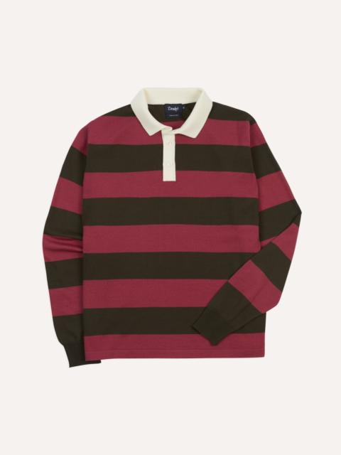 Drake's Pink and Olive Block Stripe Knitted Rugby Shirt