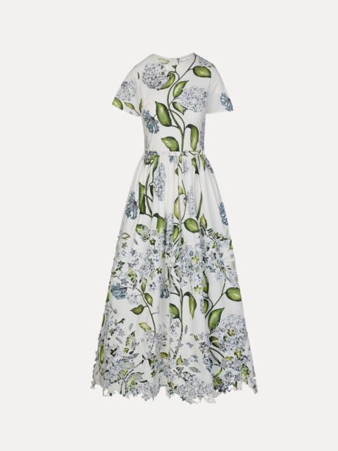 Oscar de la Renta PORCELAIN FLOWER EMBROIDERED COTTON POPLIN DRESS