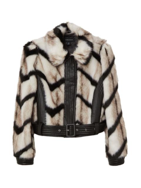 KAREN MILLEN Plus Size Faux Fur Pu Panelled Stripe Belted Cropped Jacket