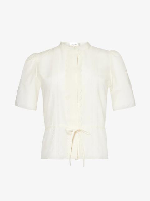 Cinched-waist lace-trim cotton-blend blouse