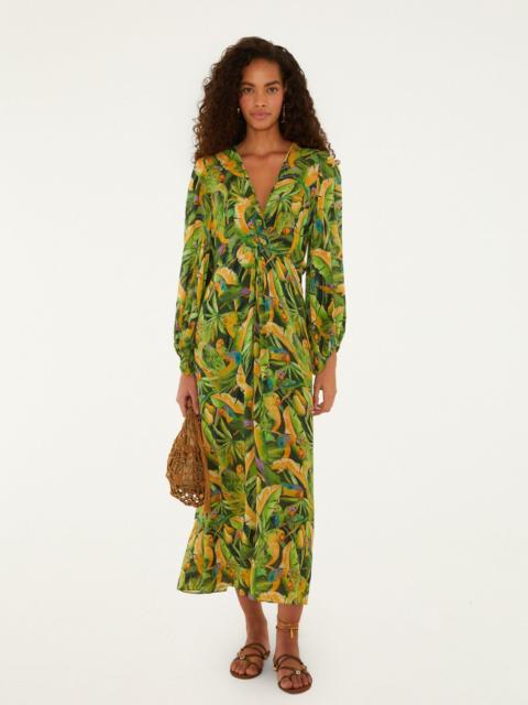 FARM RIO Forest Green Parrots Long Sleeve Dress