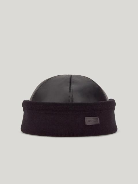 Canali BLACK LEATHER BEANIE WITH KNIT BAND AND LOGO TAG