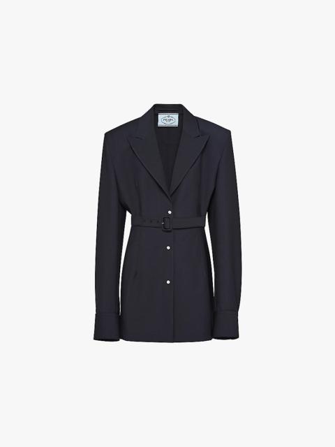 Single-breasted belted-waist wool-blend blazer