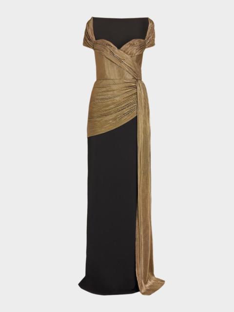 BADGLEY MISCHKA Draped Sweetheart Metallic Lame Column Gown