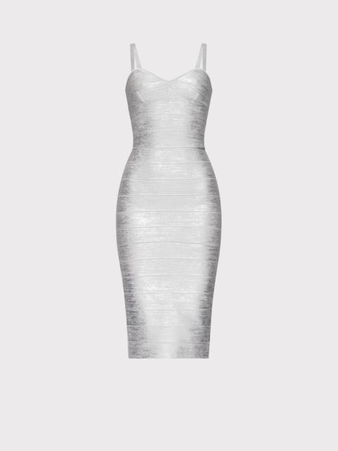 HERVE LEGER FOIL STRAPPY SWEETHEART MIDI DRESS