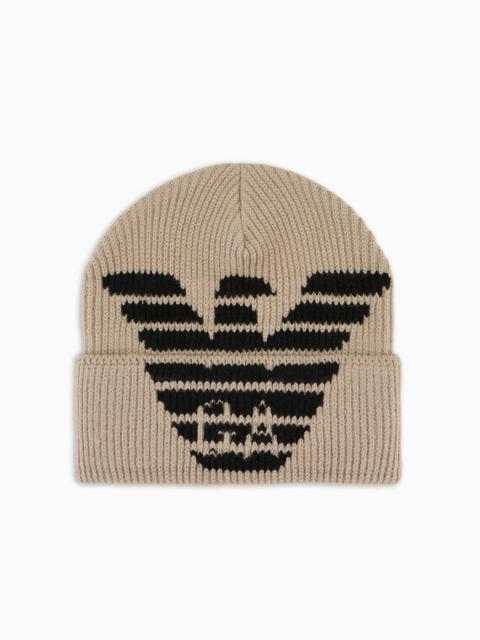 EMPORIO ARMANI Ribbed wool-blend beanie with oversized jacquard eagle