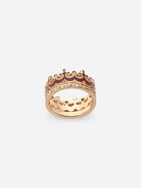 Crown yellow gold ring with burgundy enamel crown and diamonds