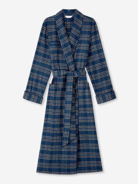 Derek Rose Women's Long Dressing Gown Kelburn 30 Brushed Cotton Navy