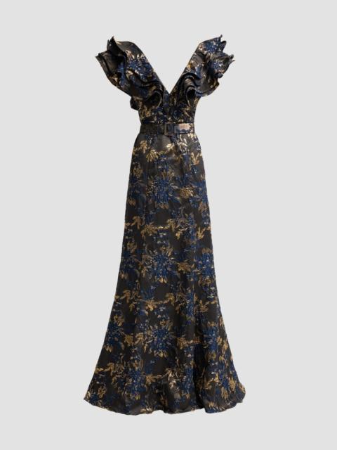 BADGLEY MISCHKA Women's Jacqaurd Ruffle-Sleeve Mermaid Gown - Navy Multi