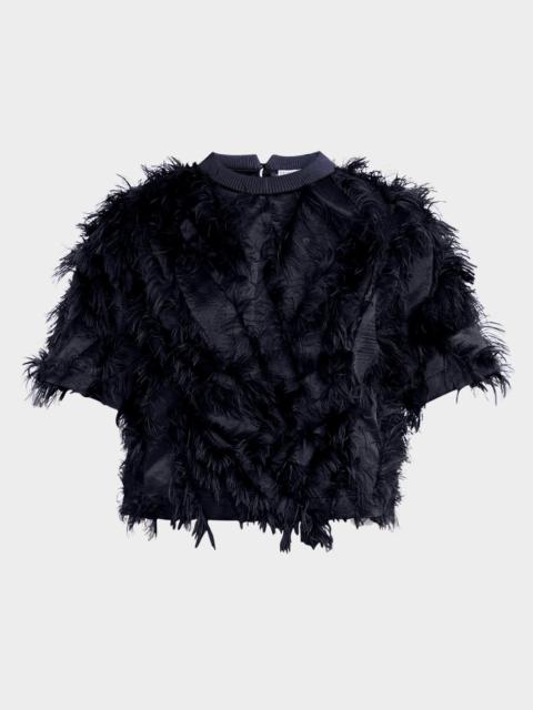 Brunello Cucinelli Short-Sleeve Fringe Fil Coupé Jacquard Blouse