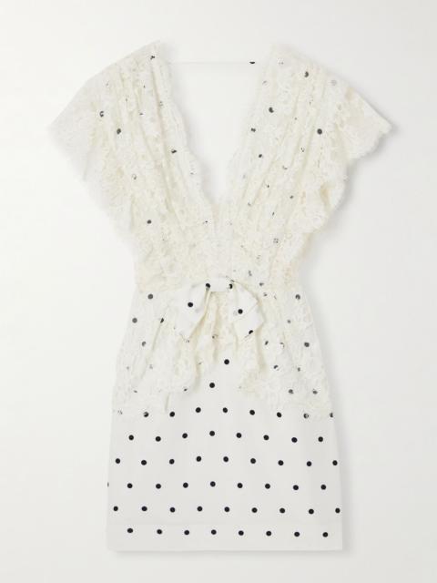 Alessandra Rich Bow-detailed lace-trimmed polka-dot silk-satin mini dress White
