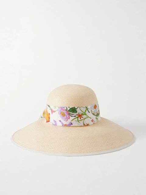 GUCCI Beverlie Floral-print Silk And Leather-trimmed Straw Hat