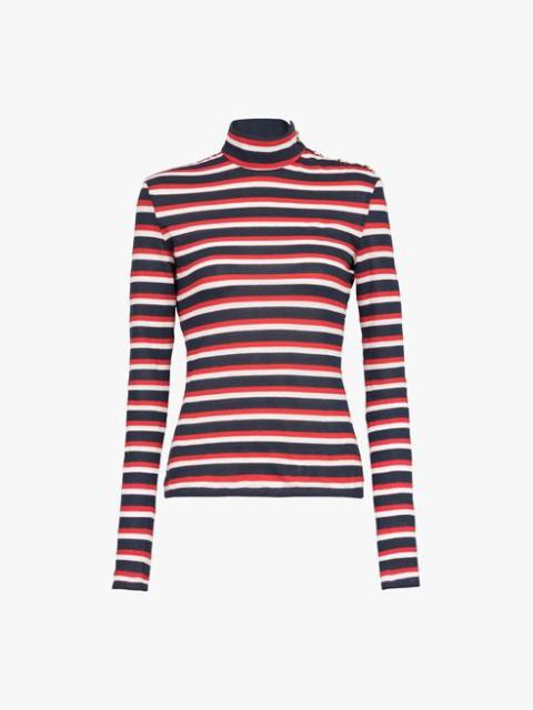 Balmain Navy blue and red nautical turtleneck sweater with gold-tone buttons