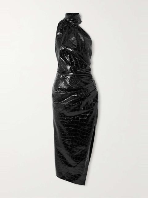 Alaïa Ruched croc-effect vinyl halterneck midi dress