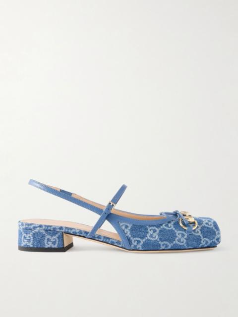 GUCCI Horsebit-embellished denim-jacquard slingback sandals Blue