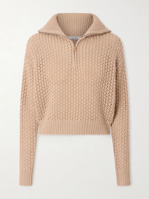 Max Mara Open-knit metallic wool-blend half-zip sweater Beige