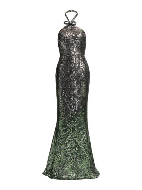 ELIE SAAB Sequined Halter Gown dark green