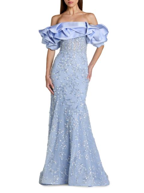 MAC DUGGAL Women's Evening Beaded Appliqué Off-The-Shoulder Mermaid Gown - Periwinkle