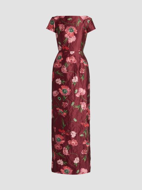 Erdem FLORAL TEXTURED SATIN SHORT SLEEVE GOWN