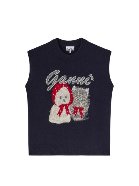 GANNI Graphic Wool Mix Cute Puppies Top