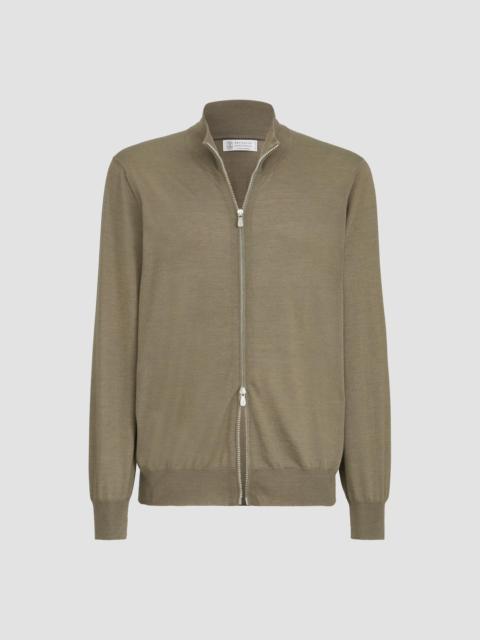 Brunello Cucinelli Men's Cashmere and Silk Lightweight Cardigan with Zipper - Mud