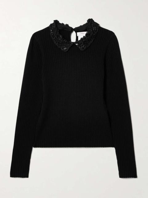 CAROLINA HERRERA Convertible embellished crochet-trimmed ribbed wool sweater Black