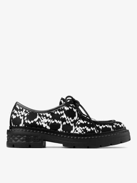 JIMMY CHOO Marlow Moccasin
Black and White Nylon Moccasins with Distorted Jimmy Choo Print