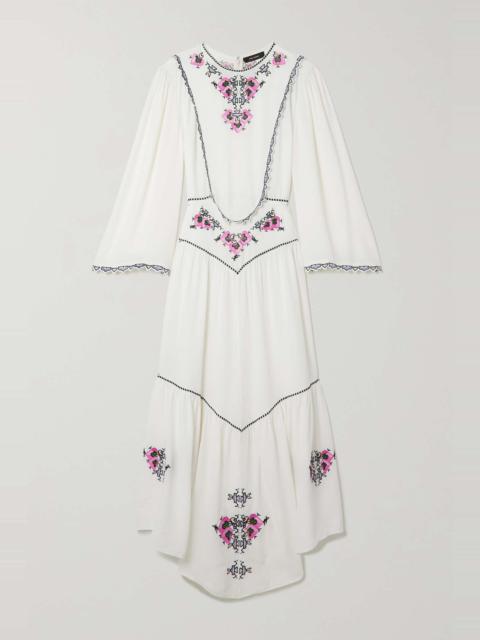 Isabel Marant Sonia asymmetric pleated embroidered crepe de chine midi dress