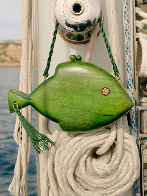 SIMONMILLER Carved Wooden Fish Clutch in Gummy Green