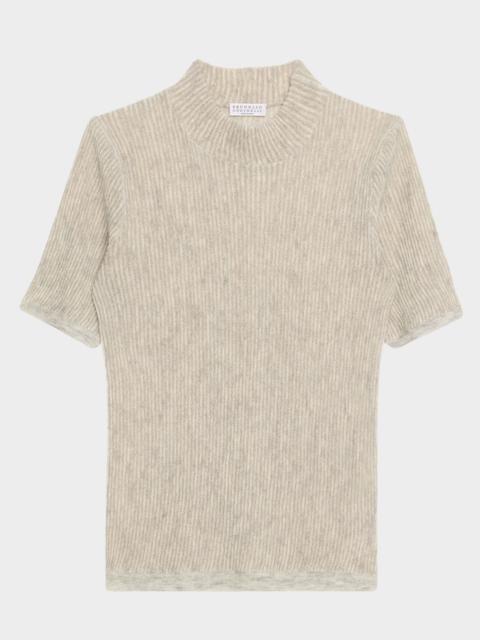 Brunello Cucinelli Mock-Neck Metallic Silk-Wool Short-Sleeve Sweater