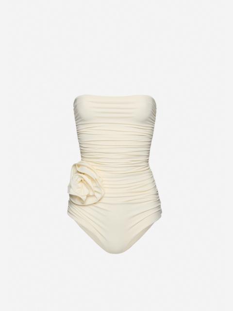 MAGDA BUTRYM Flower appliqué strapless draped swimsuit in cream