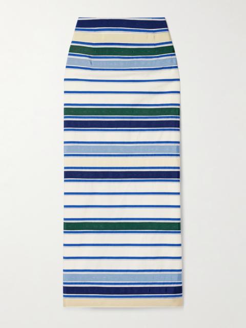ROSIE ASSOULIN Ribbon Grosgrain-trimmed Striped Herringbone Cotton-blend Midi Skirt