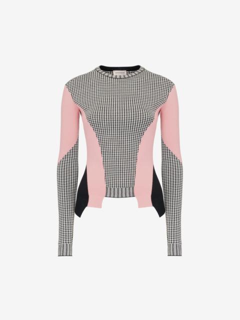 Alexander McQueen Women's Dogtooth Colour-block Peplum Jumper in Black/white/pink