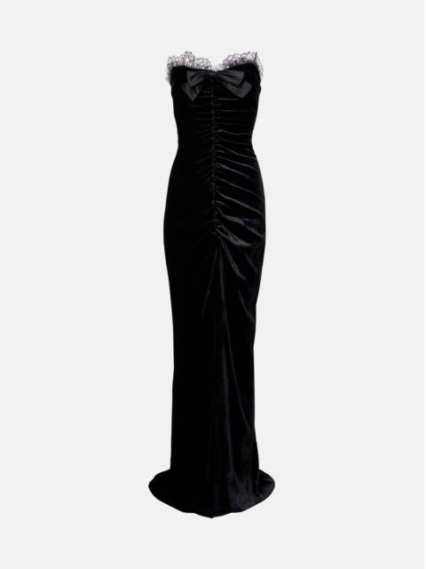 Alessandra Rich Bow-detail ruched silk-trimmed velvet gown