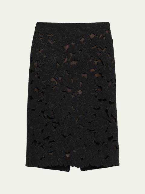 Oscar de la Renta Tweed Embroidered Cutout Midi Suiting Skirt