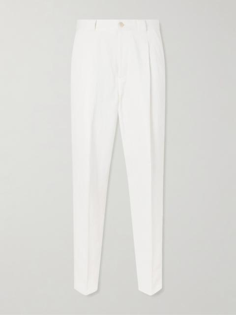 Brunello Cucinelli Straight-Leg Pleated Herringbone Cotton and Linen-Blend Trousers