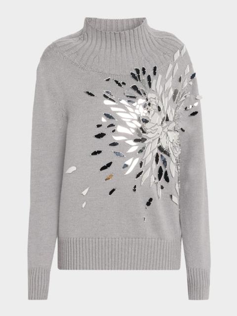 Oscar de la Renta Shattered Glass Embroidered Mockneck Sweater