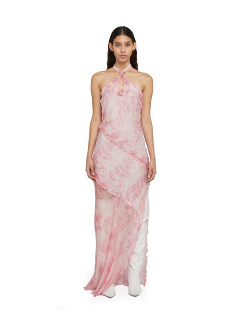 Silk chiffon long dress with "trompe l'oeil lace" print