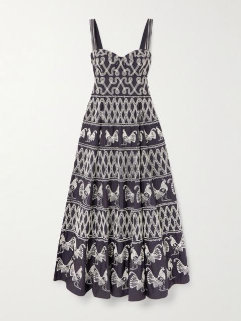 EMPORIO SIRENUSE Elida bead-embellished embroidered cotton-blend poplin midi dress Blue