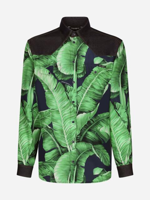 Silk and stretch denim shirt with banana tree print