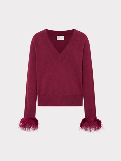 MILLY Feather Cuff V-Neck Sweater